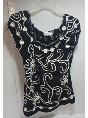 Women's Lauren Michelle Black & White Embroidered Blouse M